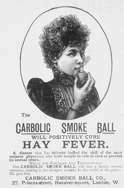Pubblicità per la Carbolic Smoke Ball, una cura per la febbre da fieno da English School